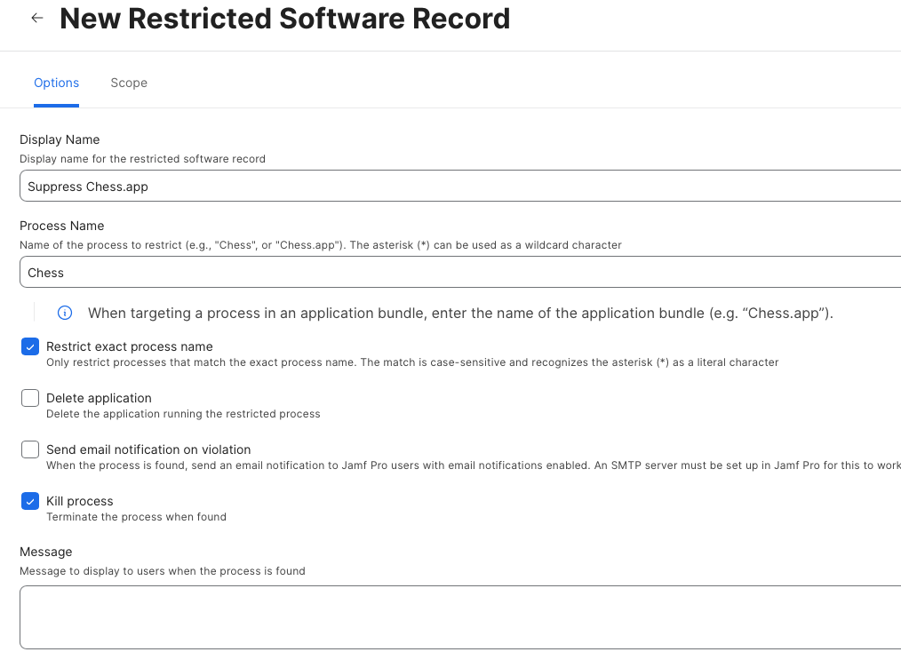 Image showing the web form in Jamf Pro  to restrict an app from running