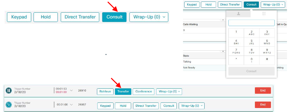Call control interface showing the 'Consult' button selected, with options to retrieve, transfer, or conference the active call