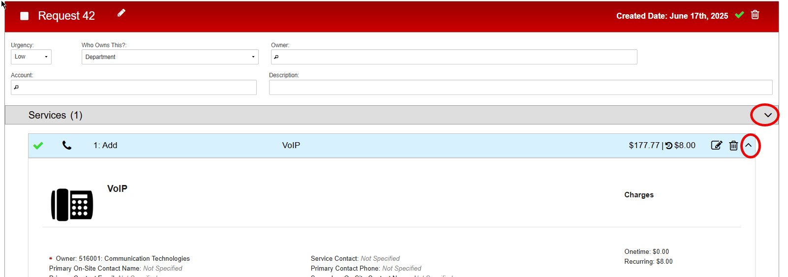Request details view showing the Services section with expand/collapse controls and action icons for editing or managing a VoIP service item. 