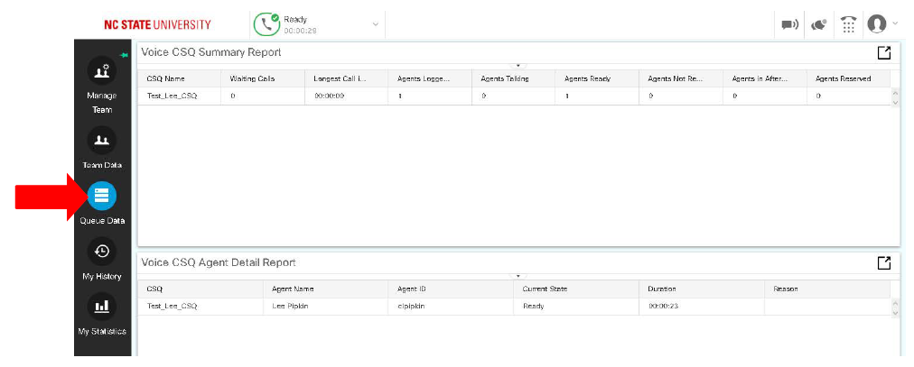 Queue Data section selected in the left navigation, showing the Voice CSQ Summary Report and agent detail report