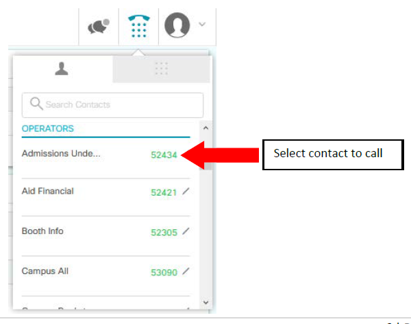 Contacts panel showing a list of operators with extension numbers, indicating a contact can be selected to place a call
