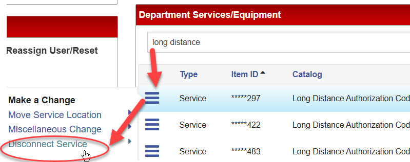 Actions menu for a service item opened using the three-line icon, showing the "Disconnect Service" option selected.