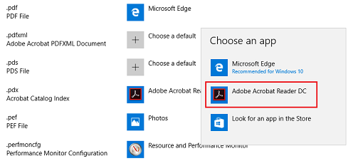 image of the default app selection window with Acrobat DC selected