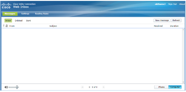 Cisco Unity Connection Web Inbox interface showing the Inbox tab selected, message list panel with columns (From, Subject, Duration, Received), and playback controls at the bottom with volume slider and phone/computer selection options
