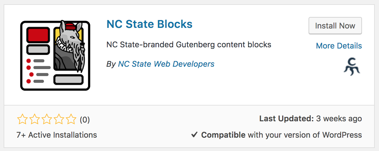 WordPress plugin card for the NC State Blocks plugin, with button to "Install Now".