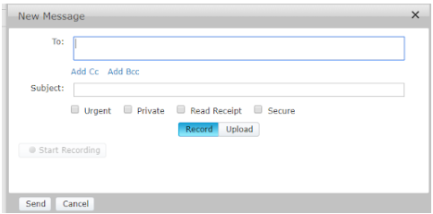 Cisco Unity Connection New Message window displaying fields for To, Add Cc, Add Bcc, Subject, message options (Urgent, Private, Read Receipt, Secure), and buttons for Record, Upload, Send, and Cancel