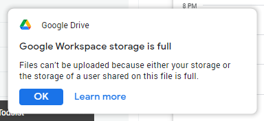 Screenshot of Google Workspace storage is full dialog box