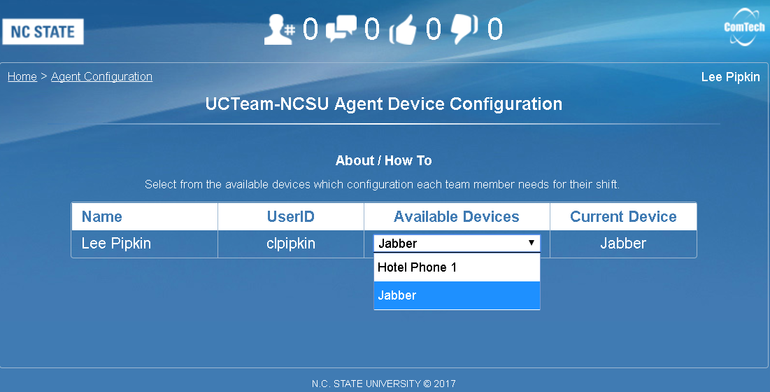 Agent Device Configuration page showing Jabber selected in the Available Devices dropdown for reverting at end of shift. 