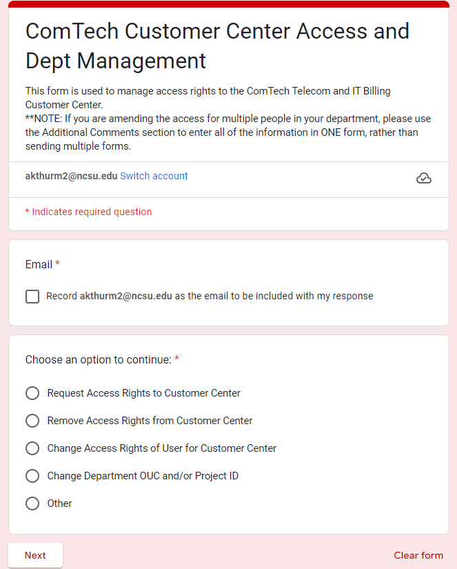 Example Access and Department Management Form