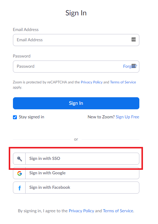 Zoom Sign In Page SSO highlighted