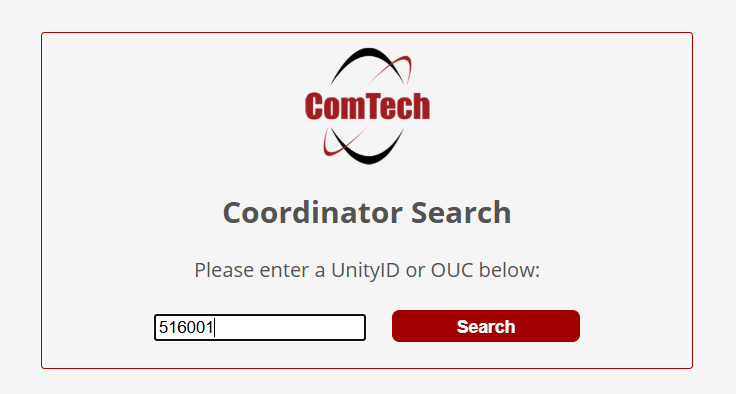 Coordinator Search form with a field to enter a Unity ID or OUC and a Search button.