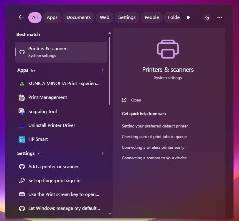 start menu printers and scanners