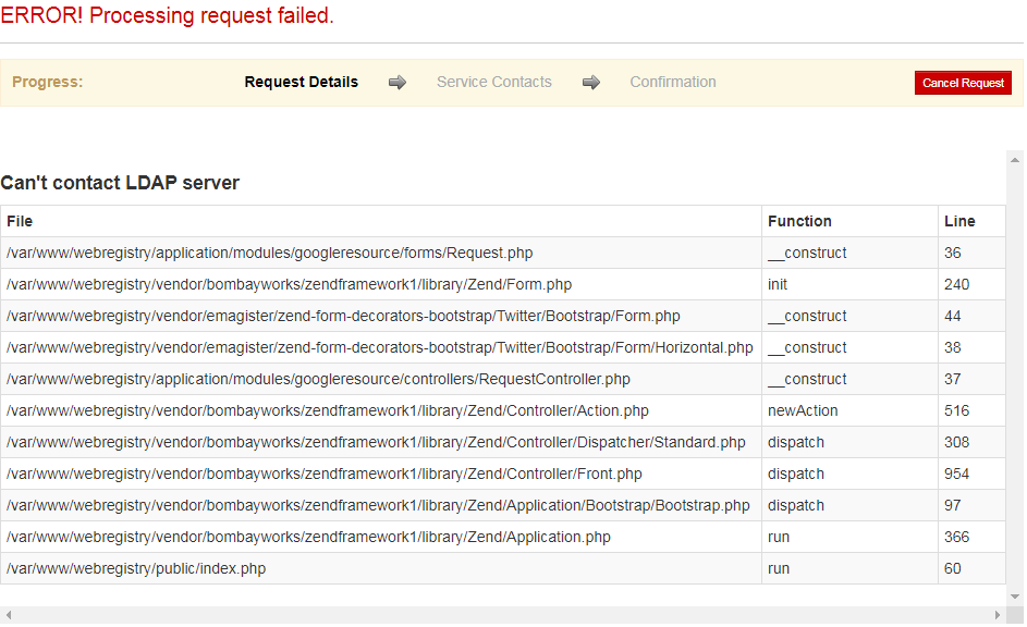 ERROR! Processing Request failed. Can't contact LDAP server