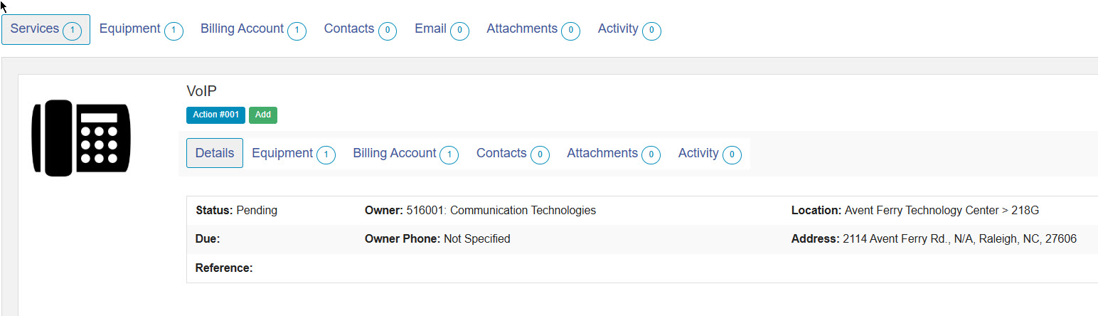 Request Details page showing service information and tabs for equipment, billing, contacts, and activity.