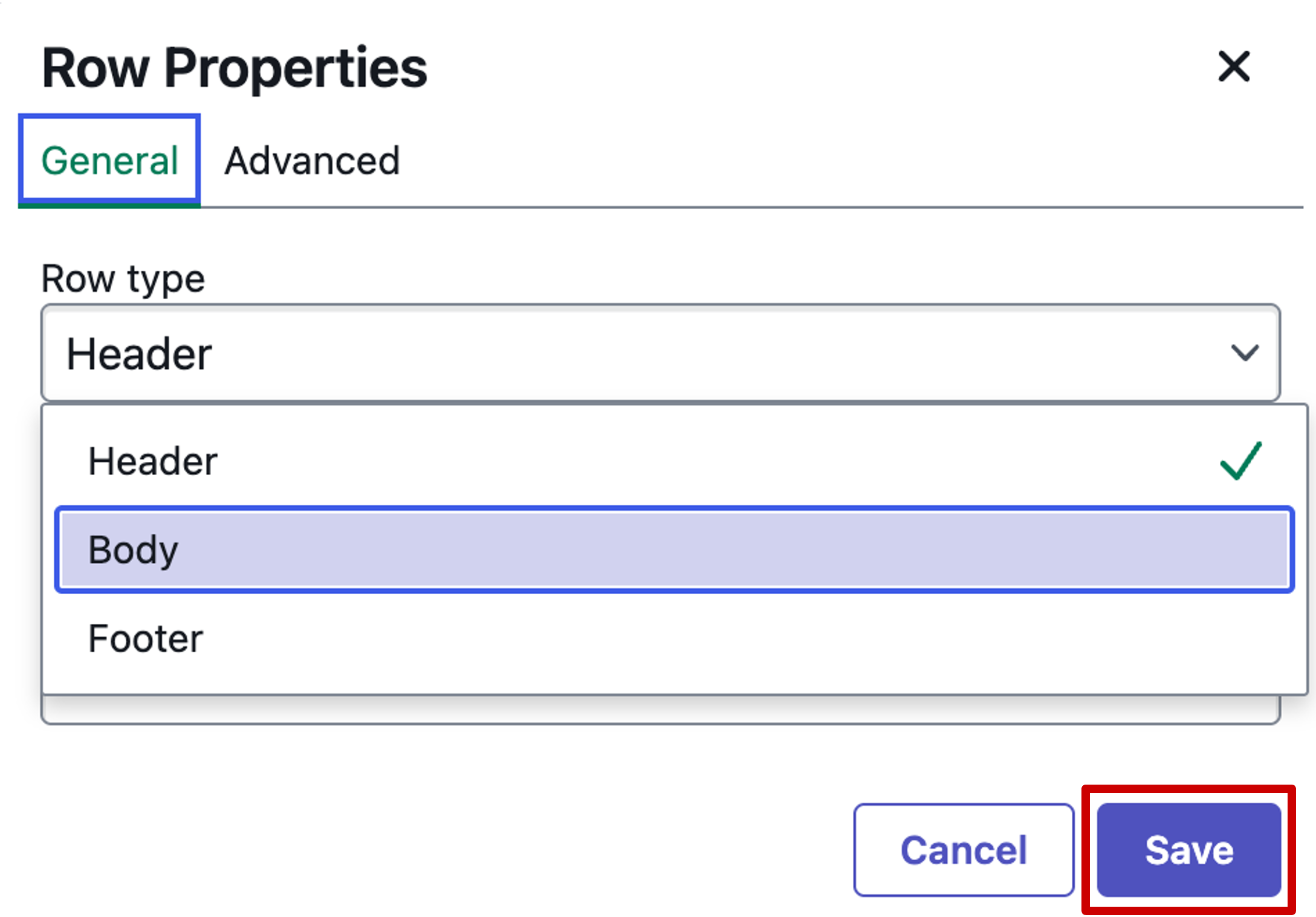 Screenshot of Row properties window for a data table in ServiceNow's knowledge base article editor.