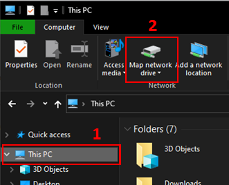 Image of File Explorer application, directing users where to click to map a network drive