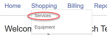 Shopping menu expanded, showing the "Services" option selected.