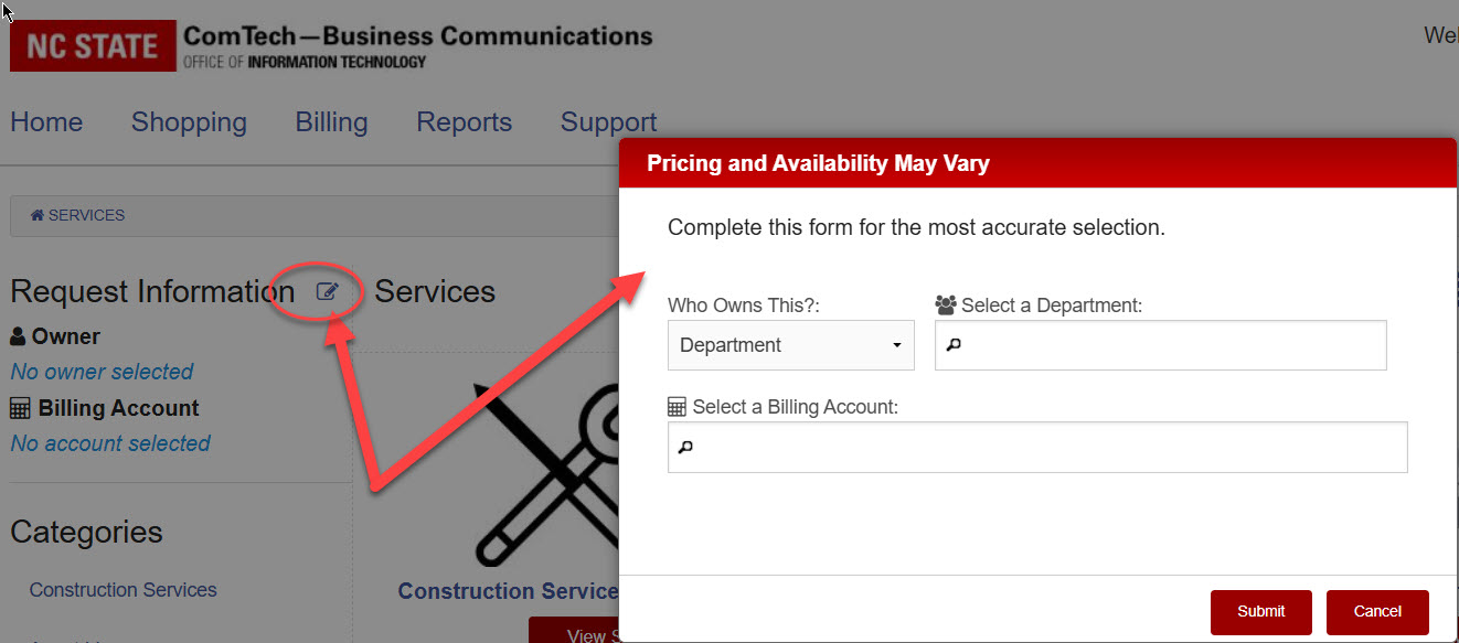 Request Information panel opened to select department and billing account for a service request.