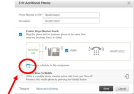 Edit Additional Phone window with Enable Single Number Reach selected and the Create a schedule option highlighted