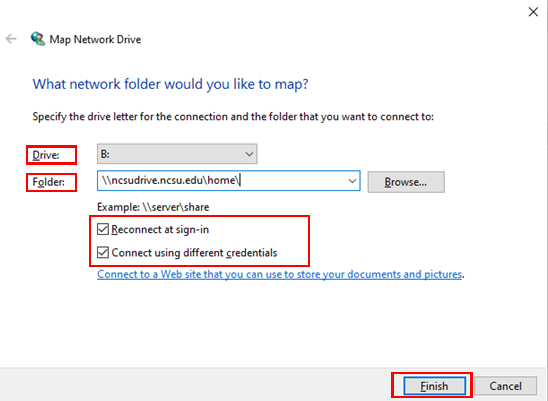 An image which highlights the specific areas of the Map Network Drive prompt which need to be edited so that a user can connect to their drive.