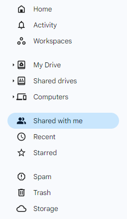 Screenshot showing Shared With Me in Drive sidebar
